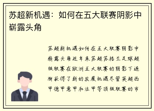 苏超新机遇:如何在五大联赛阴影中崭露头角 苏超新机遇:如何在五大联赛阴影中崭露头角